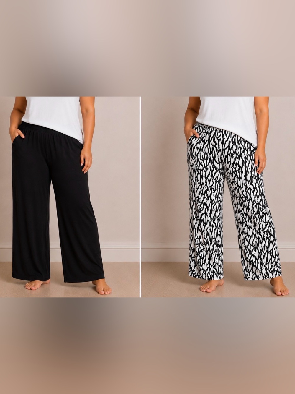 Susan Graver Liquid Knit Set of 2 Print & Solid Crop Pants Black Size L A740989